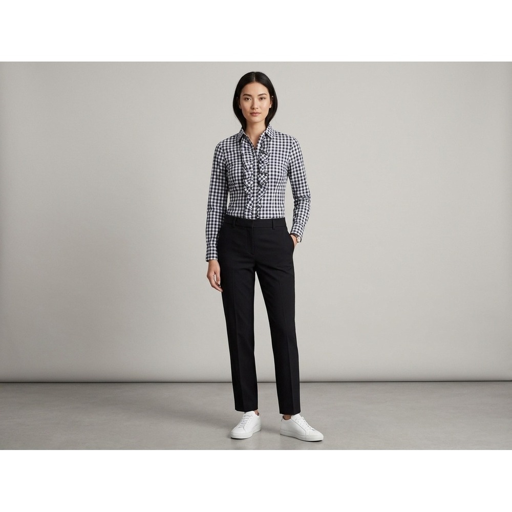 Hadleighs Ruffle Front Shirt Womens Navy White Gingham Excellent Long Sleeve